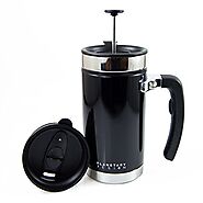 Desk Press Coffee Travel Mug - French Press with Brü-Stop Technology - 2 Spill Proof Lids - 20oz - Obsidian Black