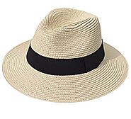 Lanzom Women Wide Brim Straw Panama Roll up Hat Fedora Beach Sun Hat UPF50+ (A-Khaki)