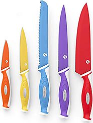 Vremi 10 Piece Colorful Knife Set - 5 Kitchen Knives with 5 Knife Sheath Covers - Chef Knife Sets with Carving Serrat...