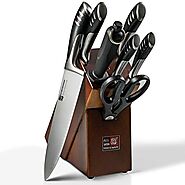 Premium 8-Piece German High Carbon Stainless Steel Kitchen Knives Set with Rubber Wood Block, Professional Double For...