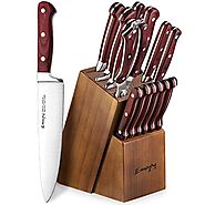 Emojoy Knife Set, 15-Piece Kitchen Knife Set with Block Wooden, Manual Sharpening for Chef Knife Set, German Stainles...