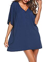 Ekouaer Women's Plus Size Nightgown Loose Short Sleepwear Boyfriend Chemise Nightshirts V Neck Loungwear(Navy Blue,Sm...
