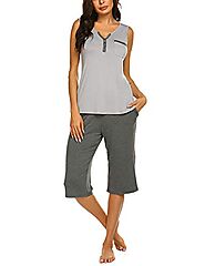 Ekouaer Women's V-Neck Knit Sleepwear Sleeveless Top With Pants Pajama Set Light Grey