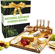 Bamboo Cheese Board and Knife Set, Charcuterie Board Set Large (14 x 11 inch) includes Ceramic Bowl, Serving Forks, C...
