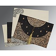 BLACK HANDMADE COTTON EMBOSSED WEDDING CARD : CIN-8234A - IndianWeddingCards