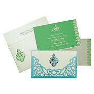 CYAN BLUE SHIMMERY DAMASK THEMED - LASER CUT WEDDING CARD : CD-8262A - IndianWeddingCards