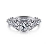 Unique 14K White Gold Vintage Inspired Diamond Halo Engagement Ring - 002-050-01954