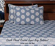 GREY & GREEN CIRCLE FLORAL PRINTED KING SIZE BEDSHEET WITH 2 PILLOW COVERS