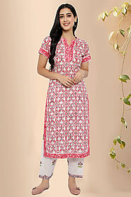 Cotton Block Print A-line kurta- Rose Shree