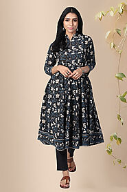 Block Print Anarkali Kurta - Rose Shree