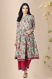 Green Block Printed Stylised Cotton Kurta