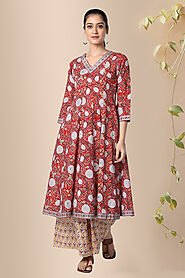 Cotton Block Print Anarkali Kurta- Rose Shree