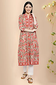 Red Block Print Stylised Kurta