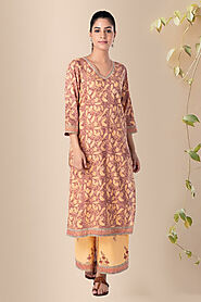 Purple Block Printed Straight Cotton Kurta