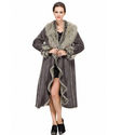Gray faux suede with fox fur large collar women full length coat