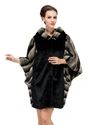 Faux black mink cashmere with gray chinchilla fur bat shape women middle length coat