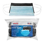 AMLIFE 50 Pack Face Masks Blue-Black Combo 3-Ply Filter - Made in USA