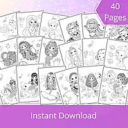 Mermaid Coloring Pages, 40 Printable Mermaid Coloring Pages for Girls, Teens & Kids, Mermaid Birthday Party Activity,...