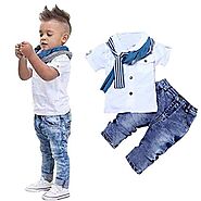 Toddler Baby Boy Clothes Cotton Short Sleeve Shirt + Denim Jeans + Scarf Kids Boys 3Pcs Summer Outfit Set