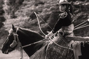 Female Japanese horseback archers - yabusame event in Tokyo