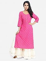 Shop Fuchsia Straight 3/4 Sleeve Kurta Online at Paislei