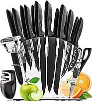 Stainless Steel Knife Set with Block 17 Piece Set Kitchen Knives Set Chef Knife Set with Knife Sharpener, 6 Steak Kni...