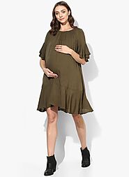 Maternity Dress Rumple Neck Solid Mehndi Green