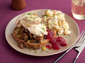 What a Face! Open Faced Hot Turkey Sammys with Sausage Stuffing and Gravy, Smashed Potatoes with Bacon, Warm Apple Cr...