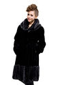 Black faux mink fur with faux black beaver fur collar long fur coat