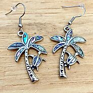 Abalone Earrings Women Biker Jewelry - Coconut Palm Tree w/ Sea turtle Earrings SK2571E