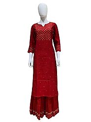 Stylish Red Colour Cotton kurti Golden thread Work Plazzo Kurti for Women