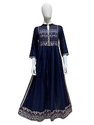 Blue Cotton Long Kurti With Thread Work For Women