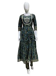 Green Color Cotton Anarkali Kurti With Pant For Women