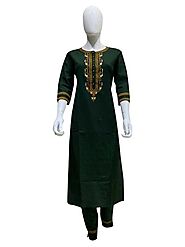 Green Colored Cotton Thread Work Fancy Pant Style Kurti