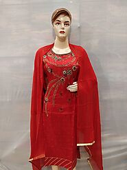 Beautiful Red Chinon Silk Suit with senton Bottom and Chiffon Dupatta