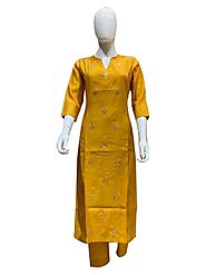 Yellow Color Cotton Kurti with Golden Thread Work