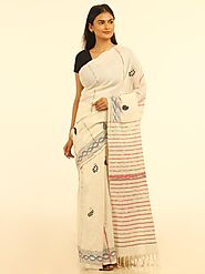 Elegant White Handloom Khesh Kantha Stitch Cotton Saree | Arteastri