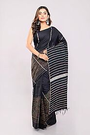Black Handloom Khesh Kantha Stitch Cotton Saree | Arteastri