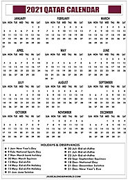 Printable 2021 Calendar with Qatar Bank, Office Holidays