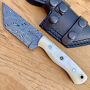 Hand Forged Damascus Hunting Knife - Tanto Style - Buffalo Handle - D42