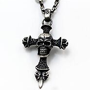 Black Sterling Silver Big Skull Cross Pendant Necklace - VVV Jewelry
