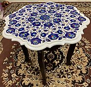 Marble Top Side Table India| Marble End Table Agra Having Lapis lazuli Stone Inlay Art Made By Indian Artist