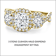 3 Stone Cushion Halo Diamond Engagement Ring Setting