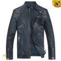 Mens Blue Slim Fit Leather Motorcycle Jackets CW812203 - cwmalls.com