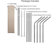 12 PACK (8.5 INCH) STAINLESS STEEL STRAWS, 8.5" DRINKING METAL STRAWS (5 STRAIGHT | 4 BENT | 2 BRUSHES)