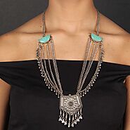 Oxidised Chain Pendent Necklace With Semi-Precious Stone|Long|Turquois – Vintage Gulley