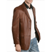 Mens Classic Three Buttoned Brown Leather Blazer