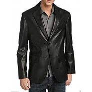 Mens Button Closure Genuine Black Leather Blazer