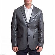 Mens Sports Two Button Dark Gray Leather Blazer Coat