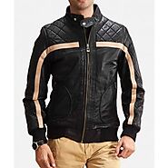 Mens Striped Quilted Black Genuine Leather Bomber Jacket
